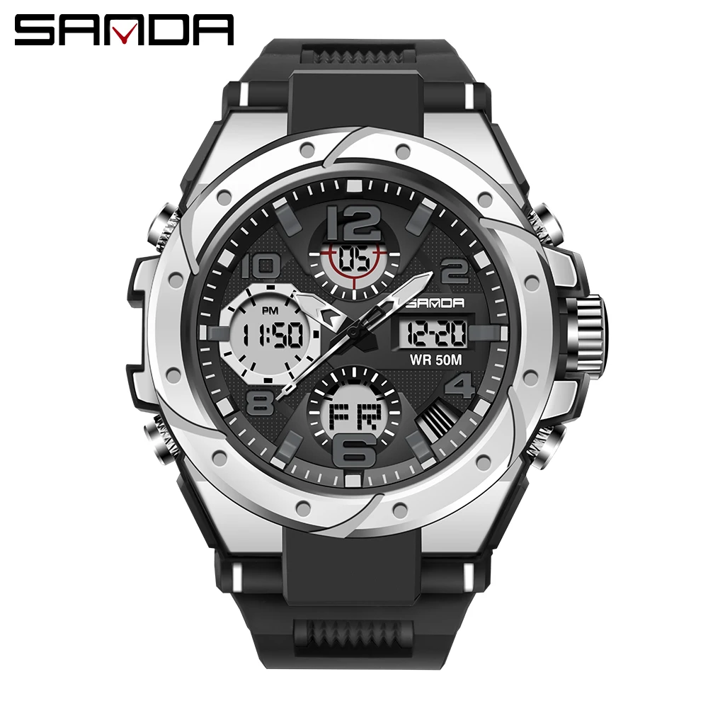 SANDA  Luxury Colorful Dual Display Quartz Watch Waterproof Sports Luminous Chronograph Multi-function Men's Watch Мужские часы 