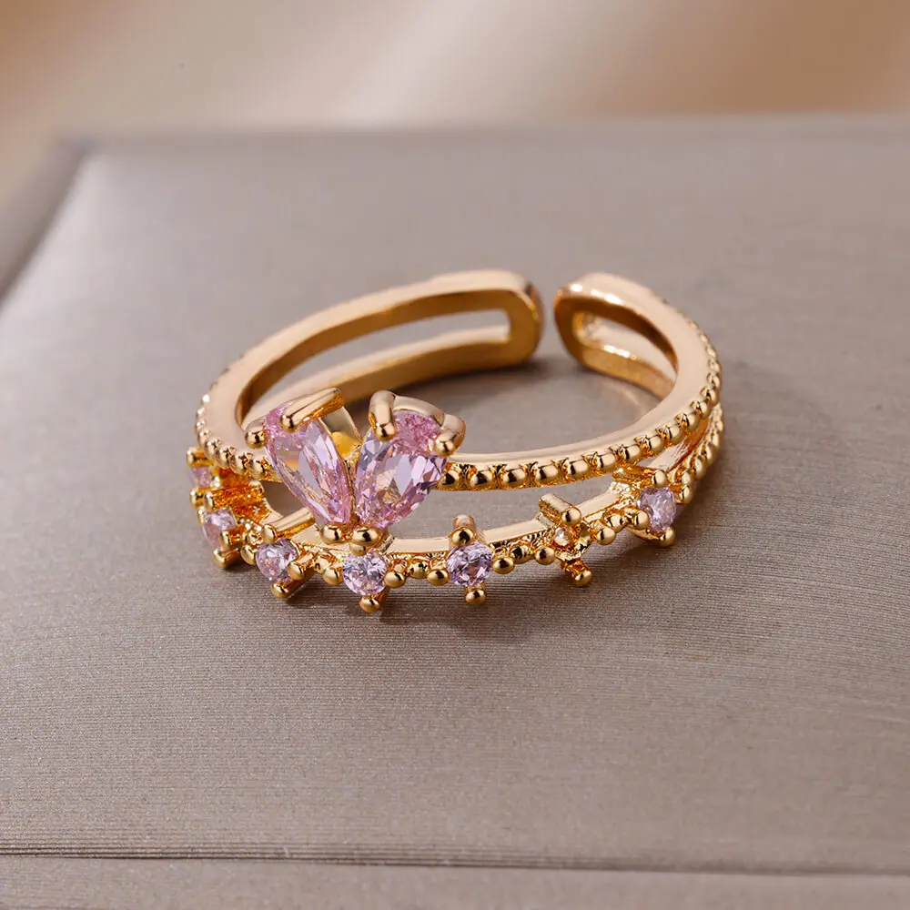 Zircon Stainless Steel Adjustable Heart Double Ring