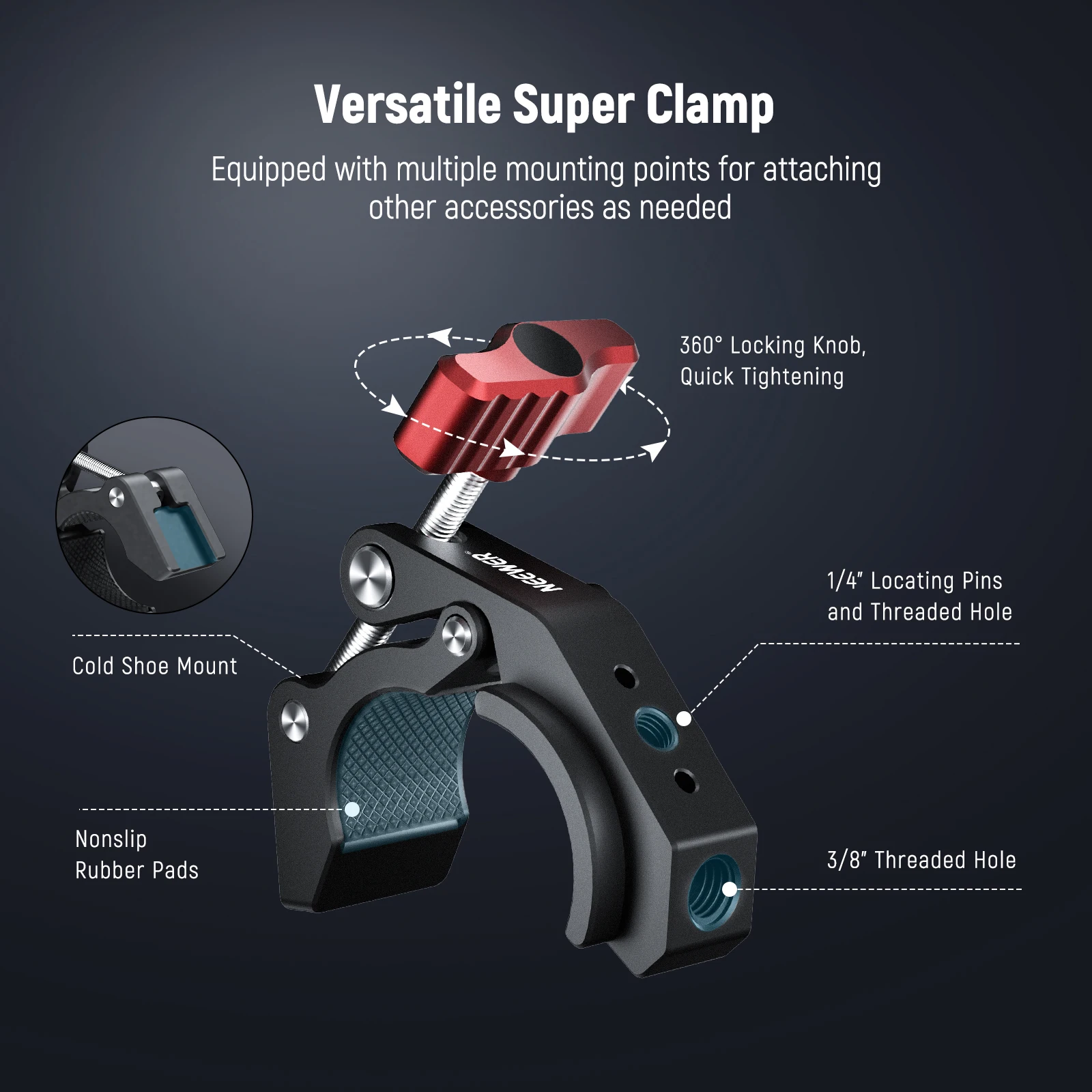 Super Clamp Crab Shaped Camera Mount with Cold Shoe And 1/4" 3/8" Threaded Holes
