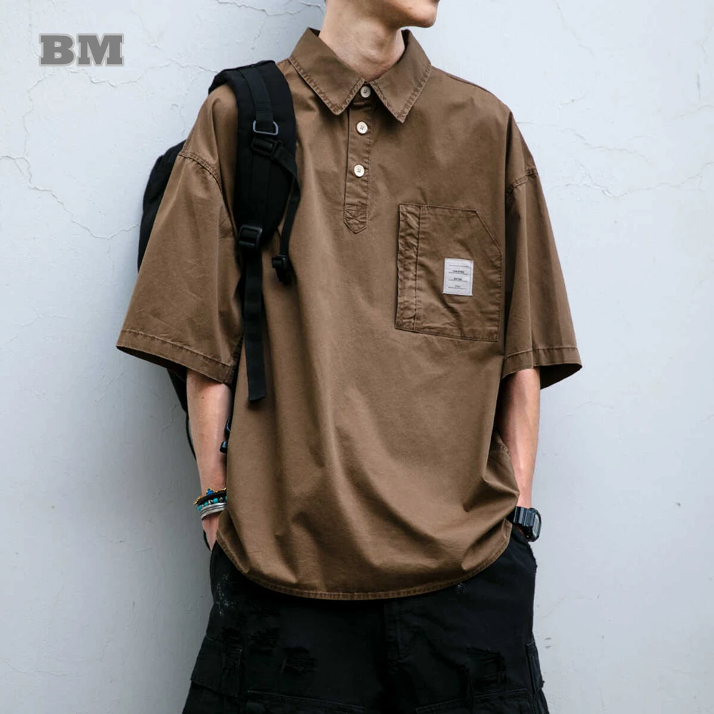 Korean Fashion Cotton Cargo Shirt Men Clothing High Quality Harajuku Casual Pullover Polo Shirt Summer Streetwear Short Sleeve