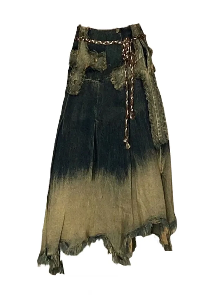 

Женская джинсовая юбка на шнуровке, винтажная синяя классическая трапециевидная юбка с бахромой и необработанными краями, с градиентным переходом цветов, в японском стиле