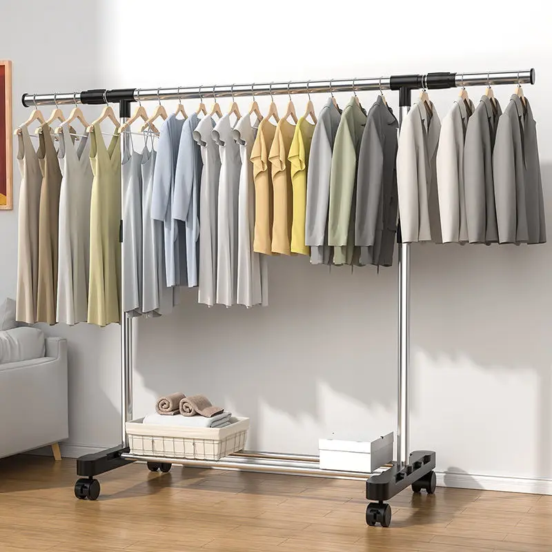 Tainless Steel Floor Drying Rack Double Pole Lifting Clothes Hanger Telescopic Mobile Hanging Clothes Rack Bedroom Coat clothes rack