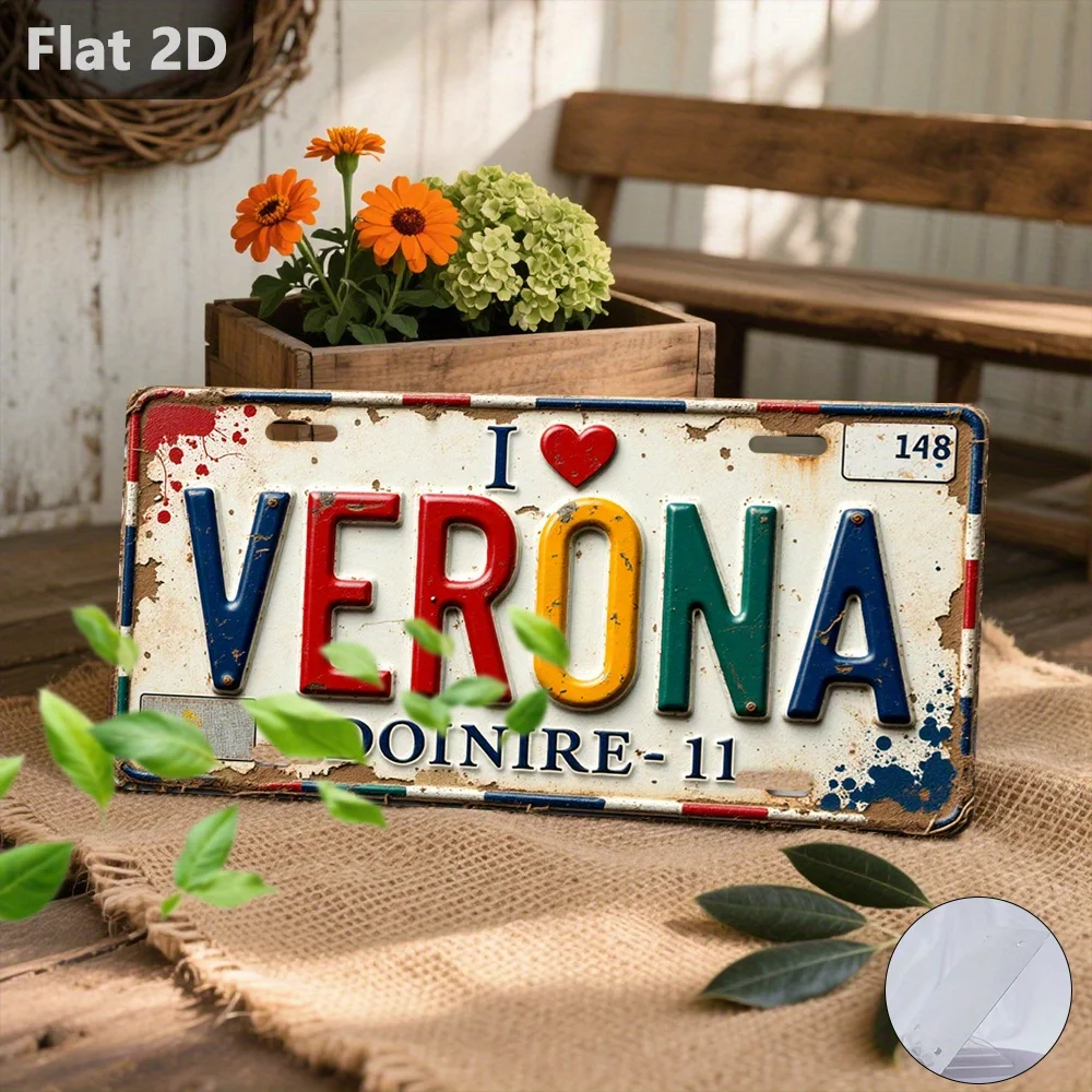 빈티지 I Love Verona 번호판 스타일 금속 알루미늄 플레이트 페인팅 HD 프린트 벤더블 벽 장식 (차고, 남자들의 동굴, 바)