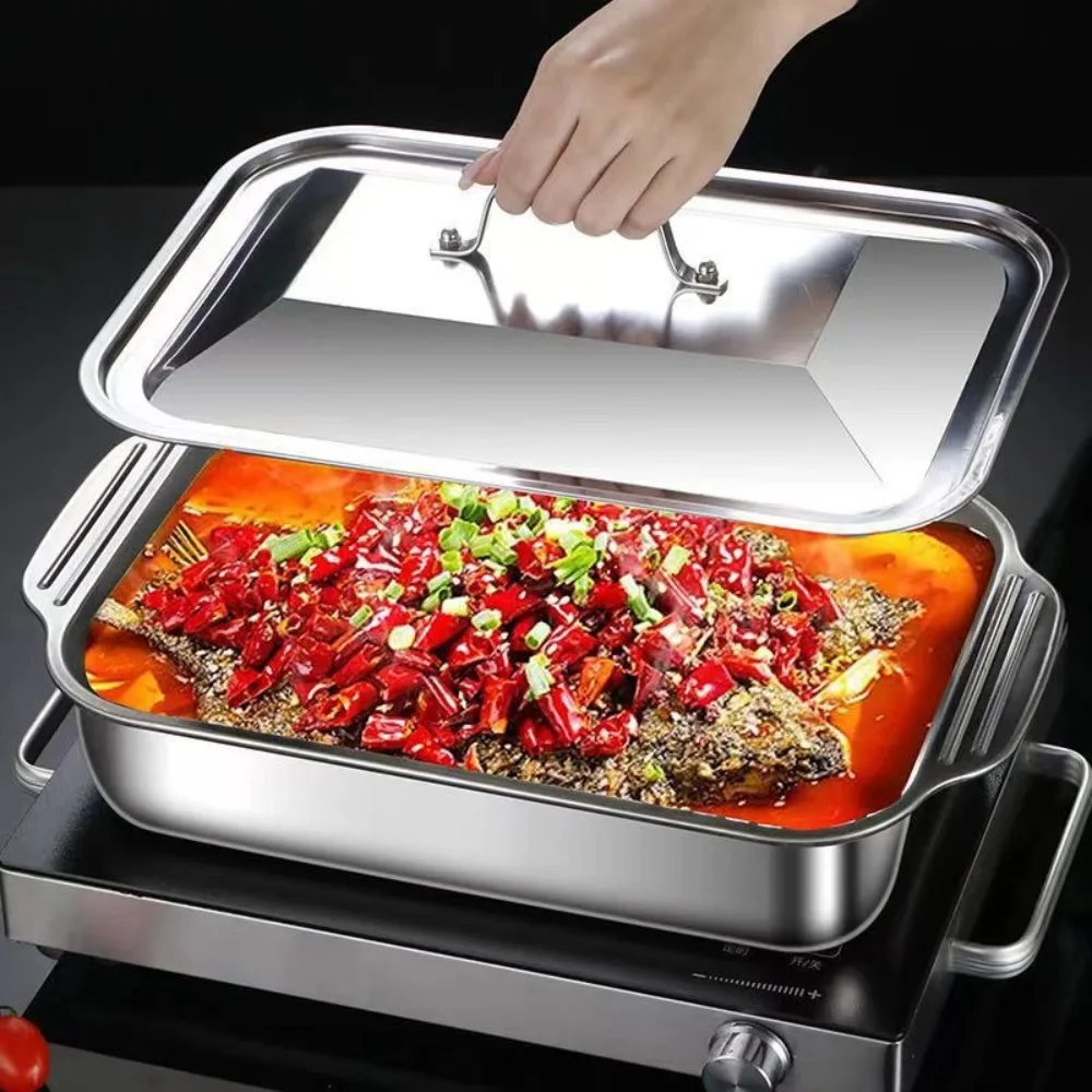 Stainless Steel Grilled Fish Pan with Lid Rectangular Roaster Pan Non-Stick Easy To Clean Oven BBQ Plate Gas Induction Cooker