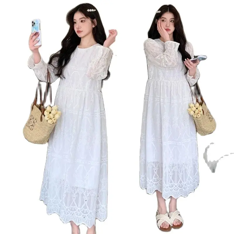 

2024 Summer Maternity Cotton Dress Short Sleeve O-neck Irregular Pregnancy Embroidery Dress Long Loose Hollow Out Women's Dress