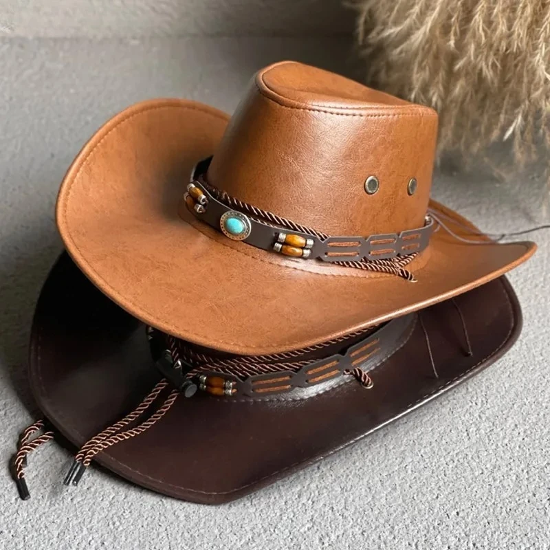 Faux Leather Western Cowboy Hats For Women Men Vintage Gentleman Dress Hats  Panama Cowgirl Jazz Cap Sombrero Hombre - AliExpress 200000297