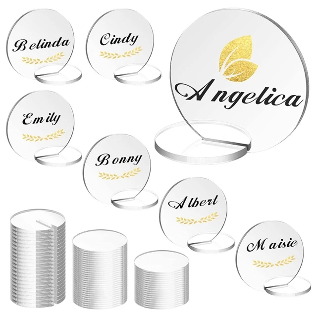 Cartes de table de mariage vierges en acrylique transparent bricolage avec  support de base, plaque de place ronde, cartes de siège, support pour fête  de mariage, 10 pièces - AliExpress