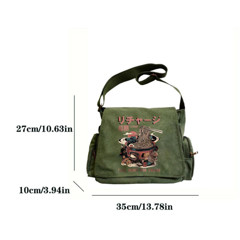 Japanese Style Men's Shoulder Bag  Retro Ramen Print Crossbody Bag Canvas Large Capacity Flap Messenger Bag Commuting