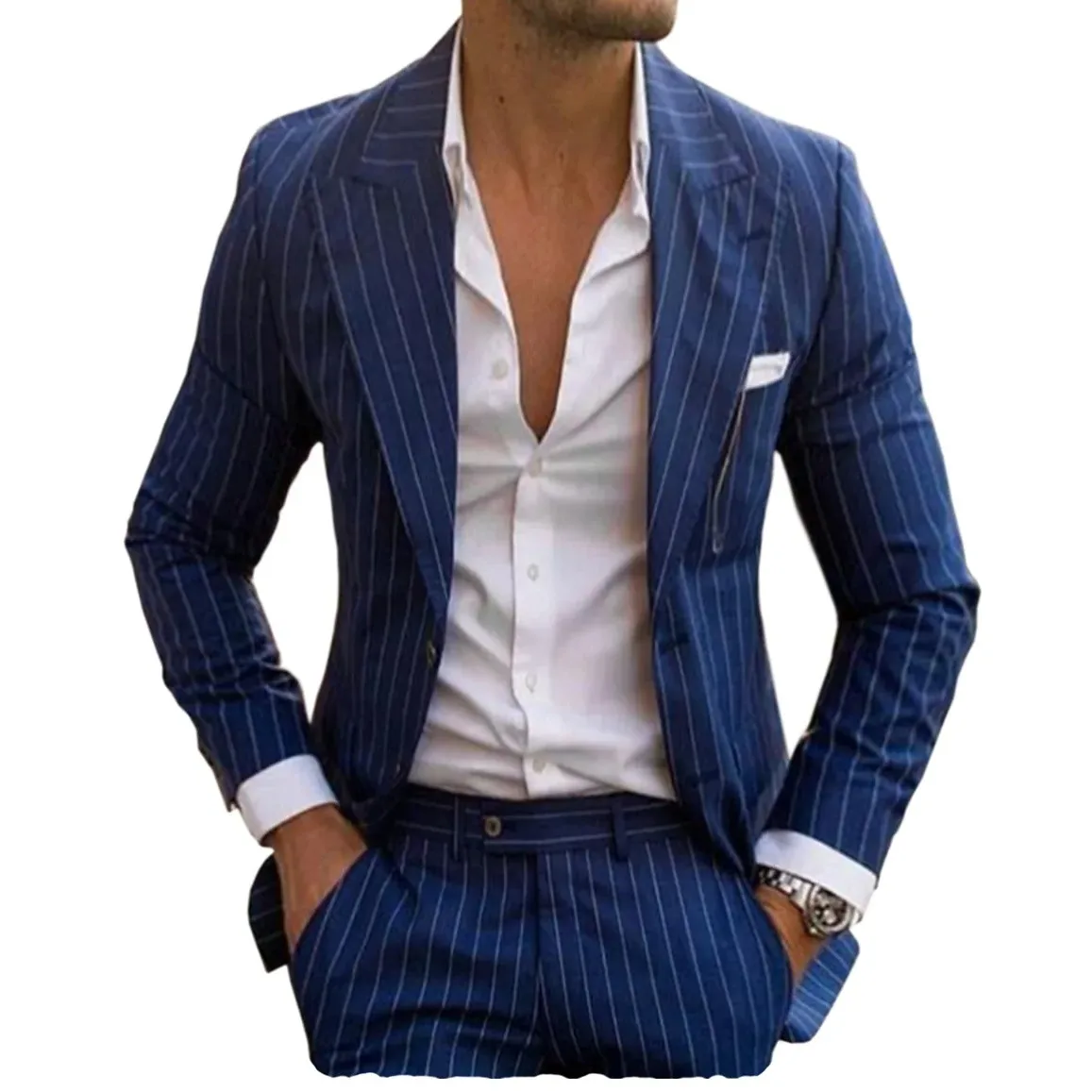 

Мужской однобортный пиджак и брюки, темно-синий пиджак в полоску с лацканами, облегающий пиджак, брюки для пляжа и свадьбы, 2019