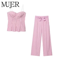 MUJER Striped Women's Pants Two Pieces Set Summer High Waist Pants Woman Outfit Pink Backless Top Women Bow Casual Women Pants