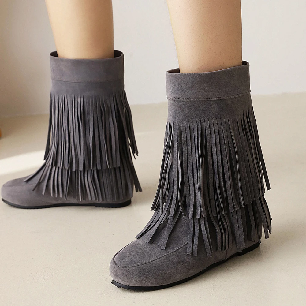 Flat Grey Fringe Boots Women's Casual Ankle Boots Flat Fringe