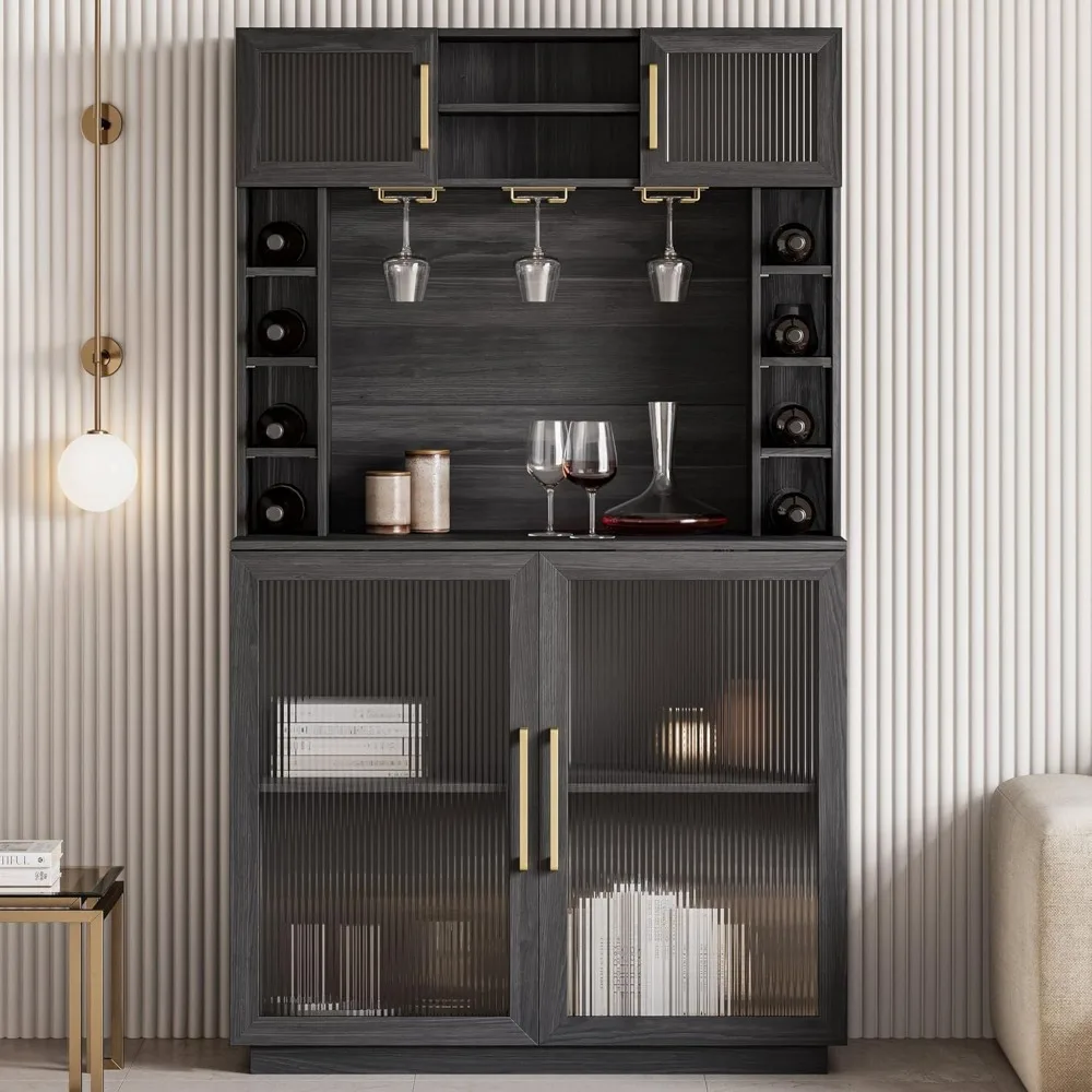 Coffee Wine Bar Cabinet with Power Outlet, 72" Rustic Liquor Cabinet, Tall Fluted Buffet Cabinet with Storage Kitchen Pantry