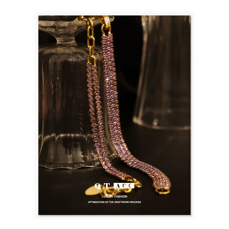 

Brass plated with 18k real gold, personalized fashion trend, ins style purple zircon bracelet bracelet, spring and summer new