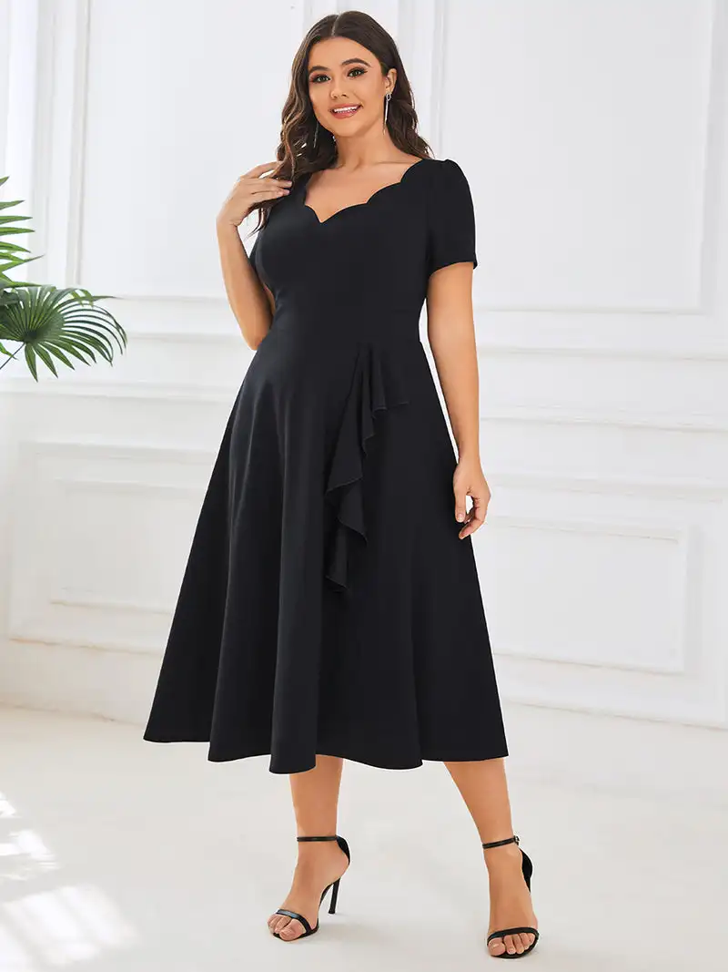 

Plus Size Evening Dresses Deep V Neck Short Sleeves Hidden zipper Knee Length 2023 of Black Bridesmaid Dress