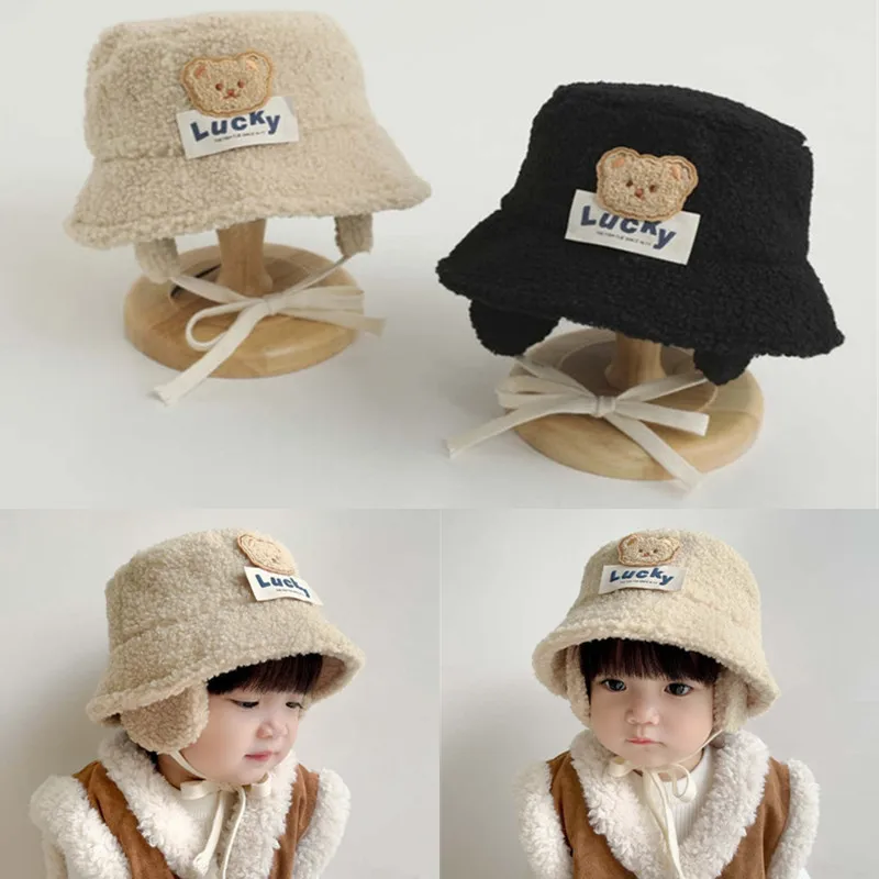 New Autumn Winter Lamb Wool Warm Baby Hat Korean Style Cartoon Bear Baby Bonnet Adjustable Bucket Hat for 2-5T Kids Panama Caps