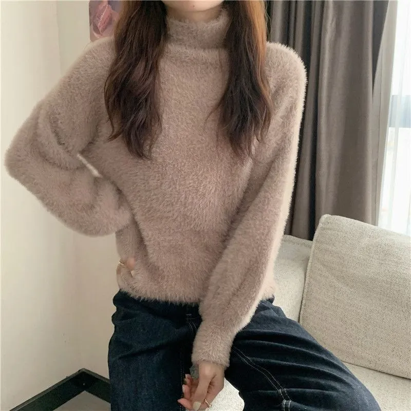 N3 2025 Winter Imitate Mink Wool Hot Fleecing Female Turtleneck Elastic Casual Sweater Women Knitted Tops Pullovers Soft  Warm