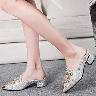 Mules Shoes Women Sandals Ladies Elegant Rhinestone Designer Mirror Luxury Party Slipper Summer New 2023 Slippers Fashion Roman