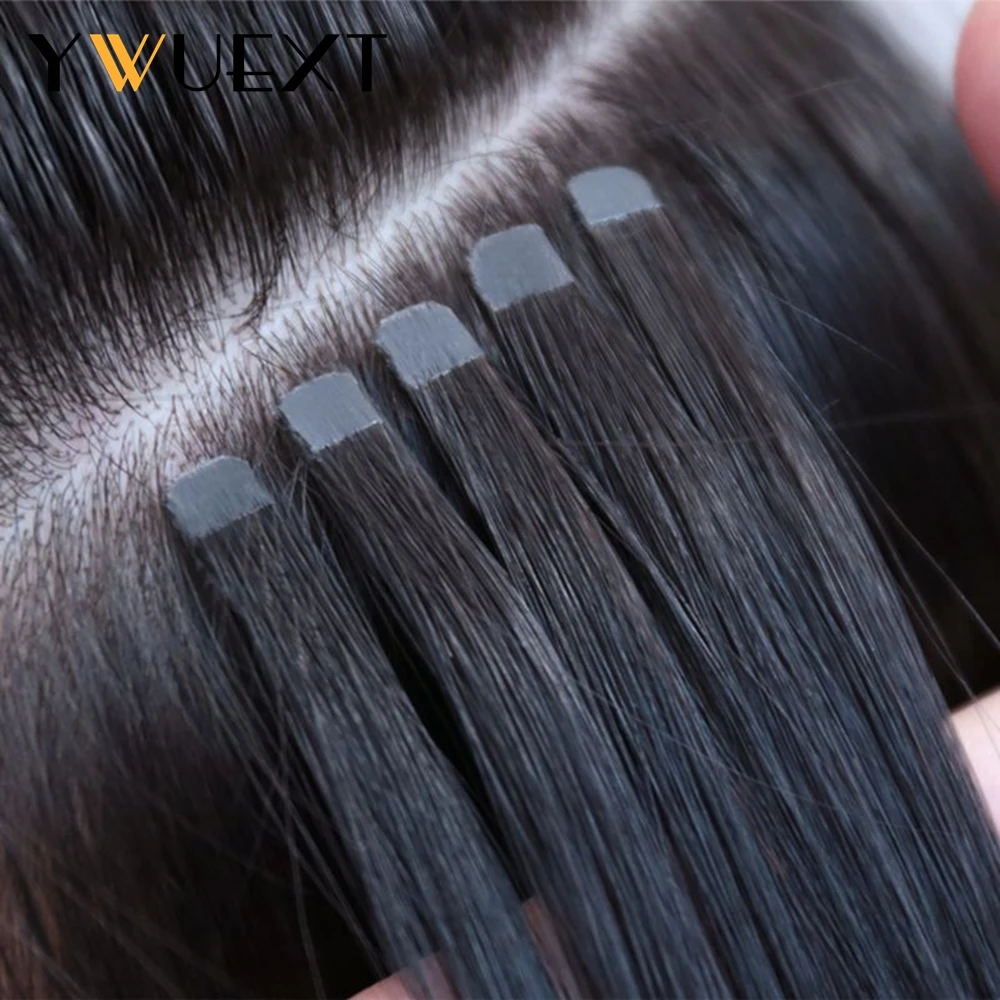 YWUEXT Mini Tape in Human Hair Extensions Straight Natural Black 1B# Machine Made Remy Hair 10pcs/pack Invisible Tape Hair