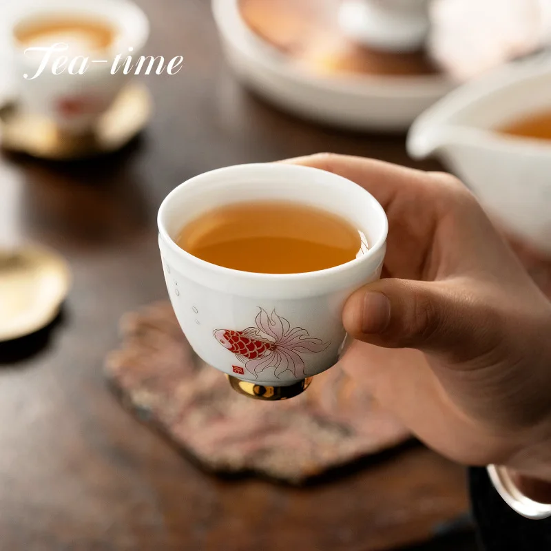 75ml Hand -painted Powder Red Koi Fish Fun Ceramic Tea Cup Drawing Gold Handmade Master Cup Single Wide Mouth Drinkware