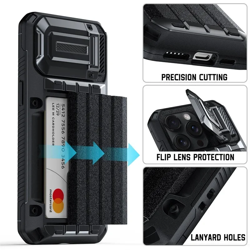 

Military Grade Drop Protection Phone Case for iPhone 15 14 13 12 Pro Max Case with Card Holder (4 Cards) Camera Cover Kickstand