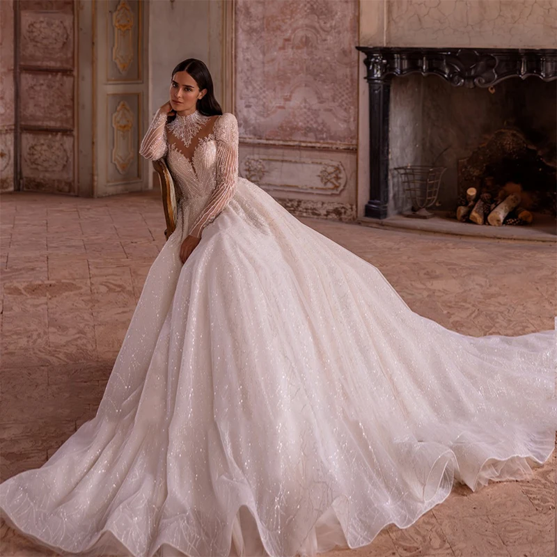 

Simplicity Wedding Dress Organza Satin With Embroidery Lace Ball Gown A-Line Full Sleeve O-Neck Bride Dress Vestido De Novia But