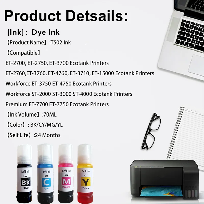 502 T502 Refill Ink Bottles for Epson 502 Ink Refill for L6160 L6161 L6170 ET-4760 ET-4750 ET-3850 ET-2850 ET-2760 ET-3760