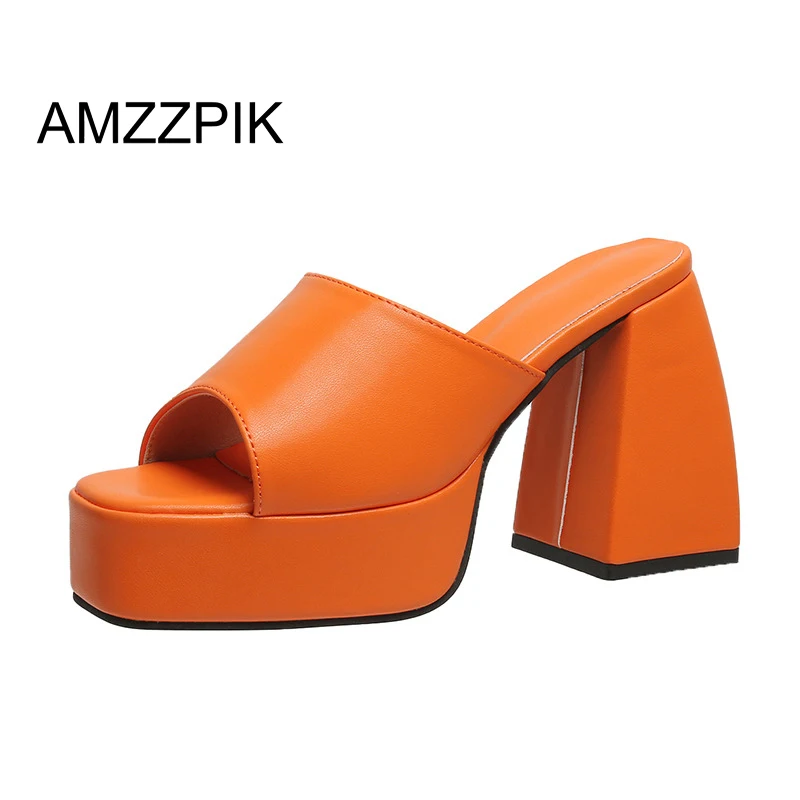 

2022 Summer Sandals Women Thick Mules High Heels Slippers Sandals Flip Flops Square Toe Slides Party Shoes zapatos de mujer