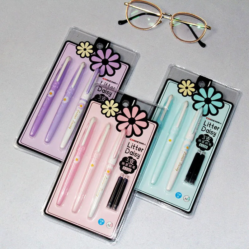 3 sztuk śliczne Daisy wieczne pióro z tuszem Sac Cartridge prezenty 0.38 pióra atramentowe pisanie piśmienne pióro dla dzieci Kawaii małe końcówki Pen Sch