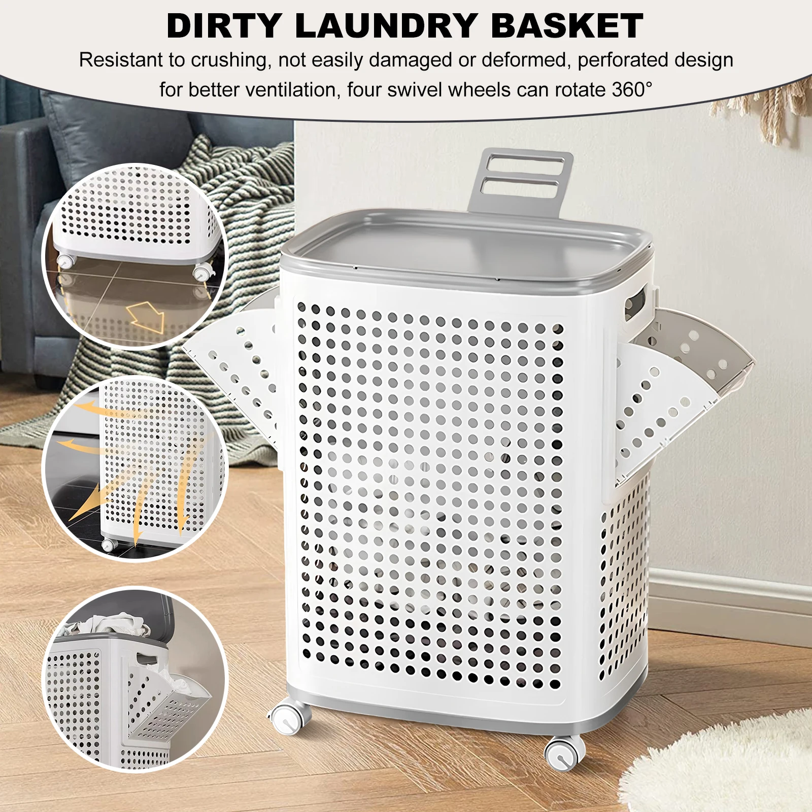 Bathroom Organizer Hollow Out Laundry Basket with Wheels Laundry Hamper Large Capacity Dirty Clothes Basket