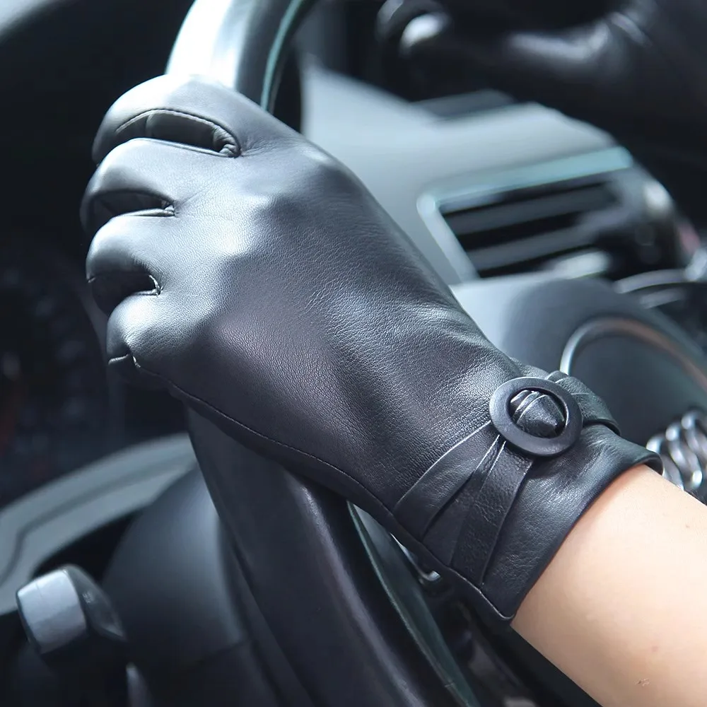 

Women Gloves AutumnWinter Real leather Gloves Warm Plushed lined Fashion Black Imported Lambskin Sheepskin Gloves Female EL061