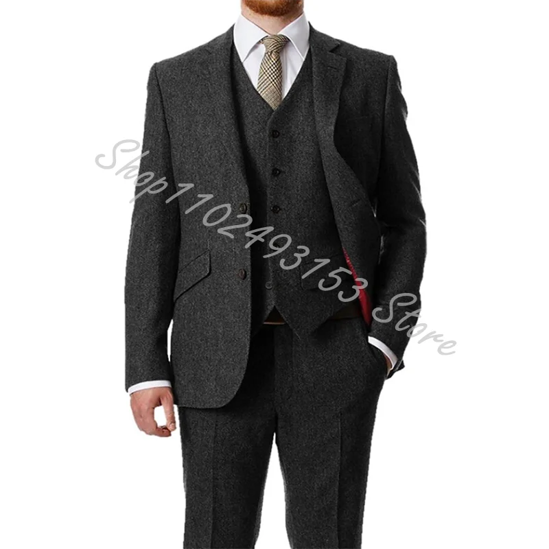 Brown Men's Vintage Suits 3 Pieces Latest Coat Designs Herringbone Tweed Tuxedos Winter Formal Wedding Suits Trajes De Hombre