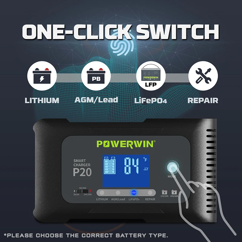 LifePO4 Smart Charger 12V 100Ah/1280Wh P20 20A 12V20A 24V10A Automatic LCD AGM Lead-Acid Lithium Pulse Repair for POWERWIN BT100 lithium battery