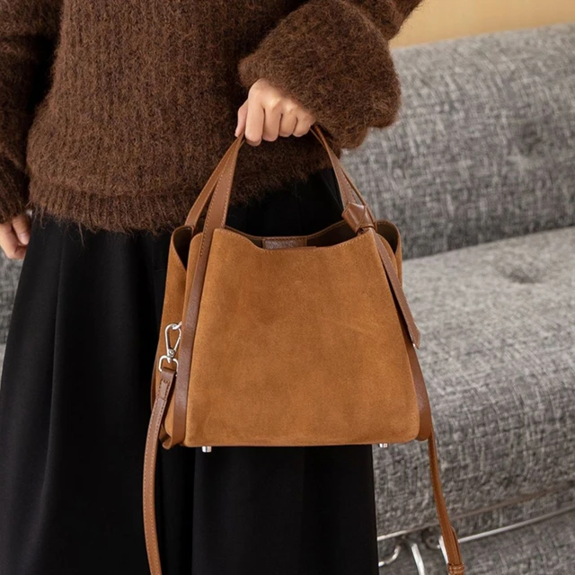 BURMINSA Genuine Leather Suede Bucket Shoulder Bag For Women Luxury Patchwork Top Handle Handbags Vintage Office Crossbody Purse 3