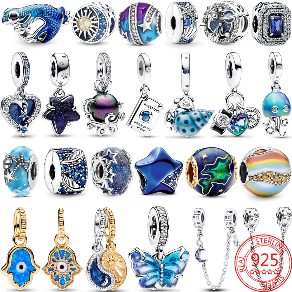 PANDORA-colgante de plata 925 brillante para niña, dije azul Celestial, galaxia, estrella de Murano, compatible con pulsera y collar, regalo de joyería