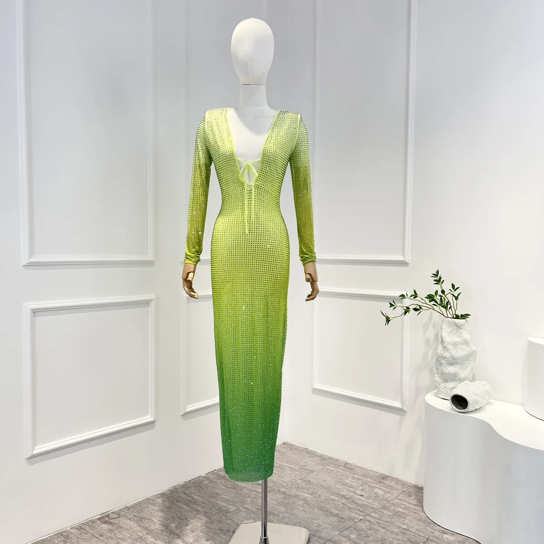 

New Arrival High Quality 2023 Long Sleeves Diamonds Sexy Party Style Tie Front Midi Women Dresses