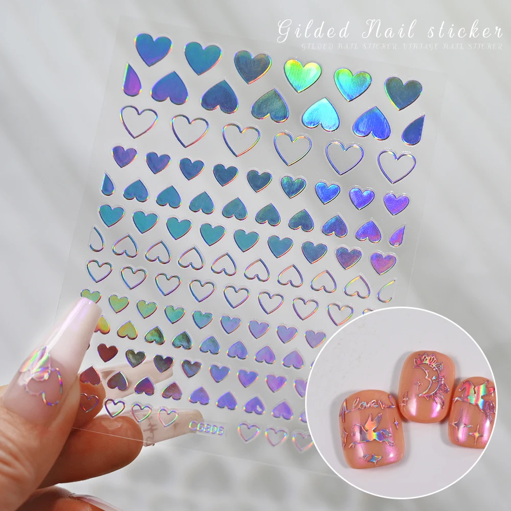 1pc Metallic Laser Hollow Love Heart Cardiogram Nail Art Stickers Holographic Stars Moon Adhesive Decals French Manicure Charms