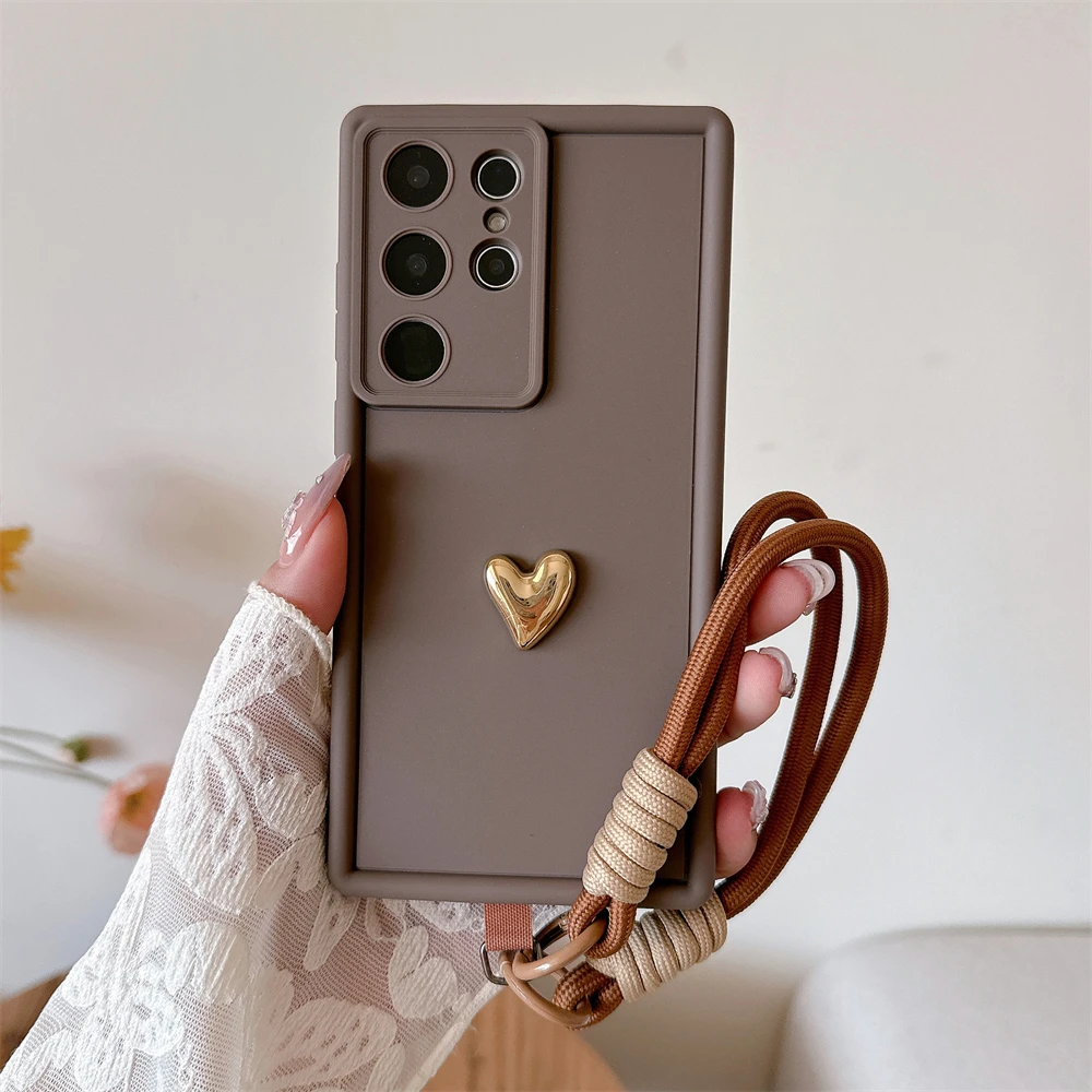 Elegant 3D Gold Love Heart Wrist Chain Silicone Phone Case Cover