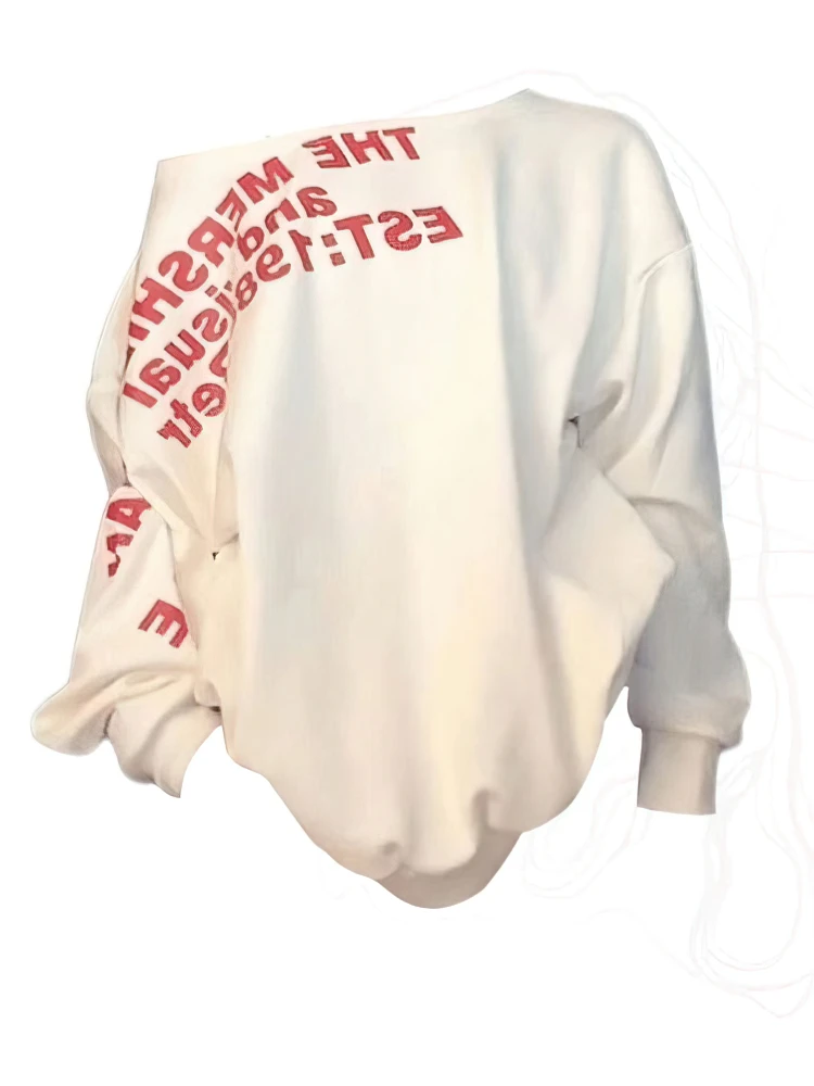 Y2k Sexy Oversize T-Shirt Damen Streetwear Txt-Print Langarm Basic Top Herbst Winter Koreanisches One-Shoulder Sweatshirt