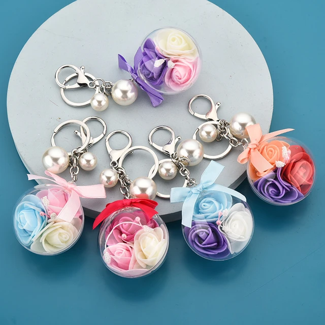 Natural Preserve Rose Flower Keychain 8cm Big Acrylic Round Ball Pedant Car  Hanging Pearl Key Chain Ring Valentine's Day Gift