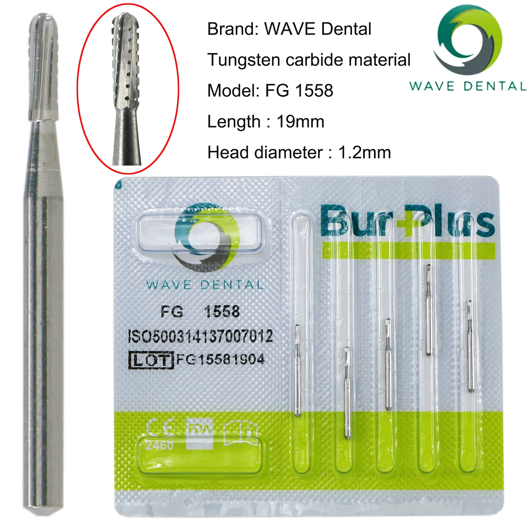 PRIMA WAVE Dental Tungsten Carbide Burs FG1558 FCC Straight Dome End