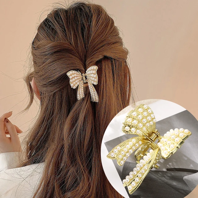 AWAYTR Rhinestone Metal Hair Claw Crab Clip For Women Girls Shiny Barrette Hairpin Crystal Pearl Hair Accessories Jewelry Gift CB1086B