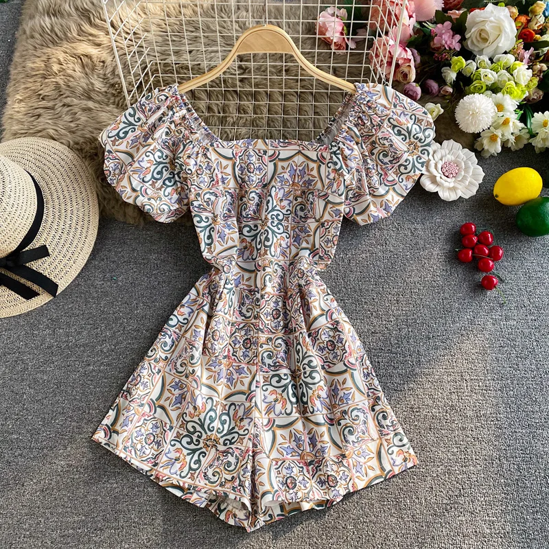 

Retro Palace Style Bubble Sleeve Jumpsuit Women's Summer New French High Waist Square Neck Jumpsuit Wide Leg Shorts Fashion