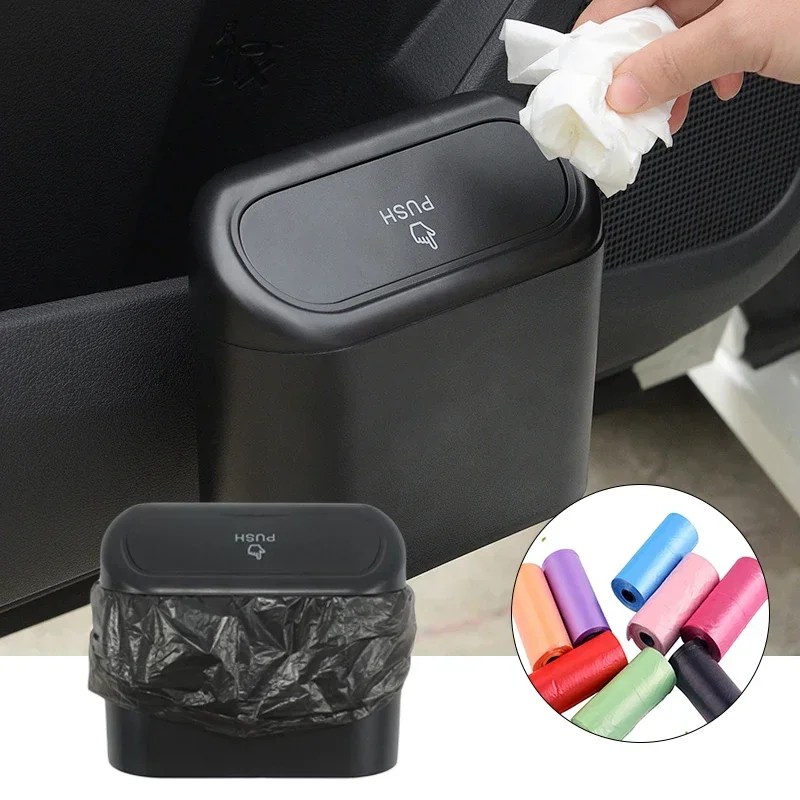Car Trash Bin Hanging Vehicle Garbage Dust Case Storage Box Black Square Pressing Type Trash Can Auto Interior Accessories