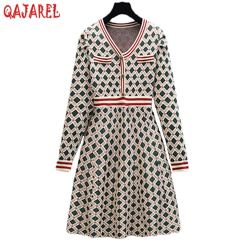

2024 Knitted Cotton Plaid Long Sleeve V-Neck Mini Dress Autumn Winter Thick Warm Casaul Dress Women Korean Vintage Elegant Dress