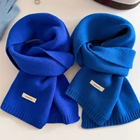 Unique Blue 100% Pure Wool Scarf Women's Autumn Winter New Style Solid Color Couple Warm Neck Warmer Student Warmth