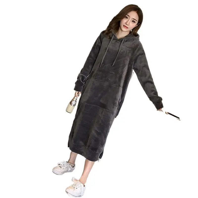 

2024 Women Autumn winter warm loose Hooded dress Double sided thickening Velvet hoodie dress Vestido Women dress