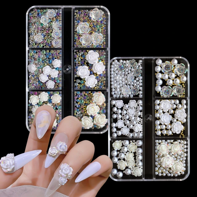 12 Grids 3d Acrylic Flower Nail Parts Decoration Mixed Steel Beads Gems  Charms Kawaii Nail Supplies For Professional Accessories - Rhinestones &  Decorations - AliExpress