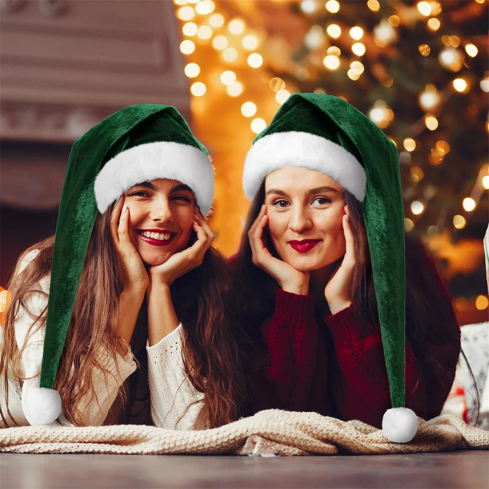 New Long Plush Christmas Hats Dark Green Golden Velvet Christmas Hat Adult Children's Holiday Santa Hat New Year Party Decor