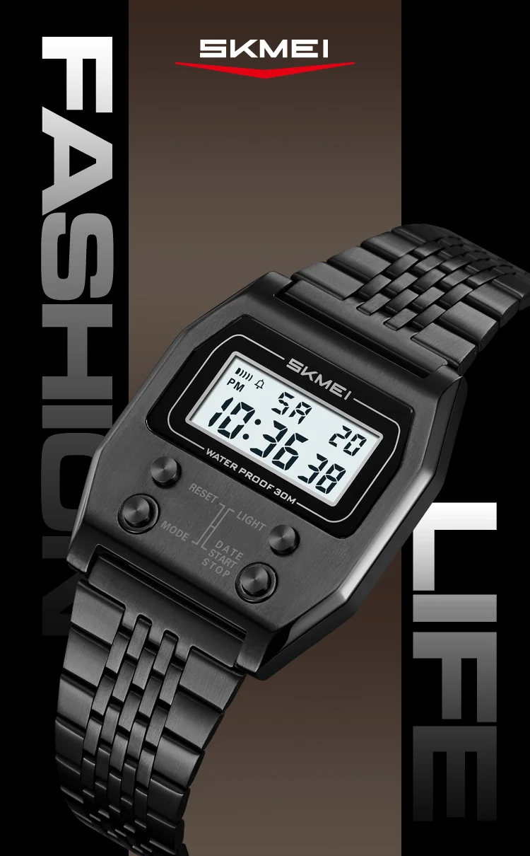 Herrklocka digital rostfritt stål sport retro led vattentät_voghion.com