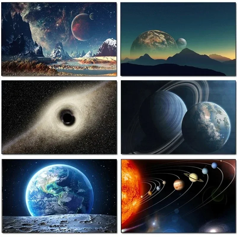 Planets Universe Galaxy Wall Art Stars Landscape Canvas Painting ...
